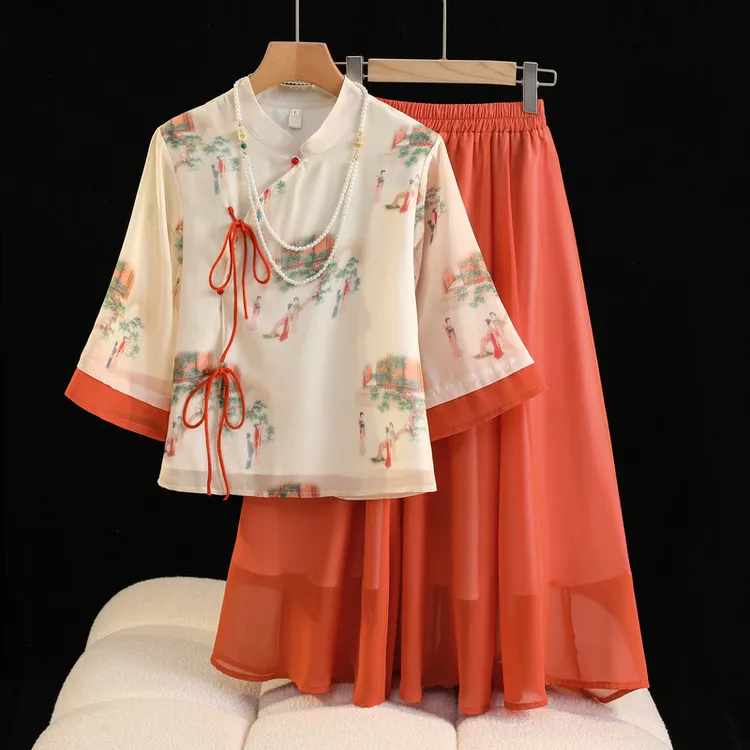 2025夏季新中式复古国风印花改良旗袍上衣唐装半身裙禅茶服套装女