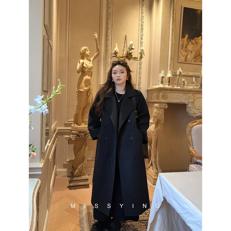 应小姐【挪威雪季】微胖大码韩版显瘦秋冬100绵羊毛双面呢长款大衣