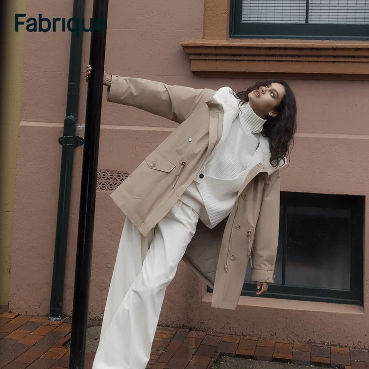 Fabrique Doris 卡其色拉链式毛领连帽配绗棉内胆派克棉服外套