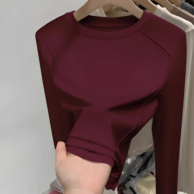 2025春秋新款上衣纯欲鱼骨设计感t恤女莫代尔圆领弧形下摆打底衫