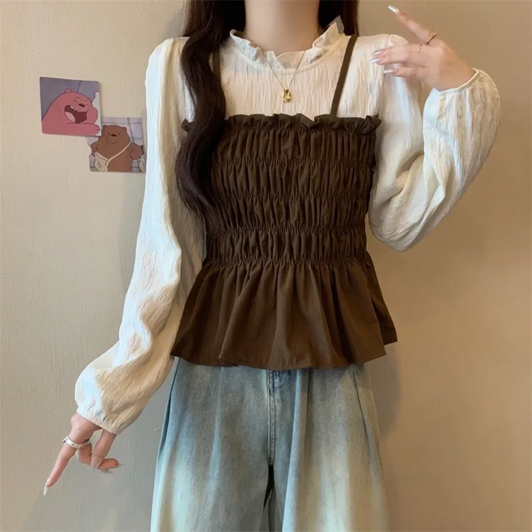 大码女装遮肚子灯芯绒假两件小众衬衫女春秋胖妹妹显瘦荷叶边上衣