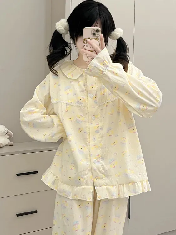 可爱厨师饼饼睡衣女春秋新款荷叶花边长袖日系学生居家服套装外穿