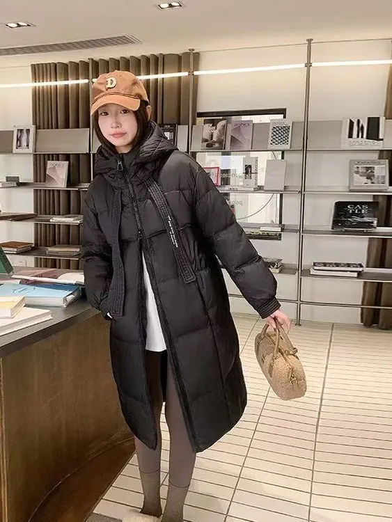 120#衣长100白鸭绒羽绒服女长款过膝大被子韩版宽松加厚2025新款