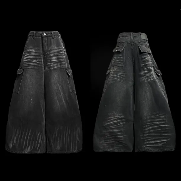 DAJI［加厚复合绒］冬季加绒加厚工装直筒阔腿猫须水洗黑灰色阔腿裤