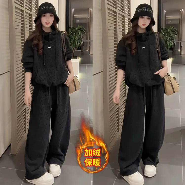加绒加厚时尚套装女2025秋冬新款一整套豹纹连帽卫衣阔腿裤两件套