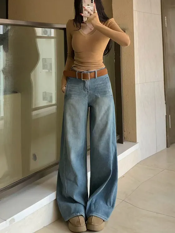 6991蓝色弯刀裤女2025新款冬加厚大码宽松遮胯美式复古阔腿牛仔裤