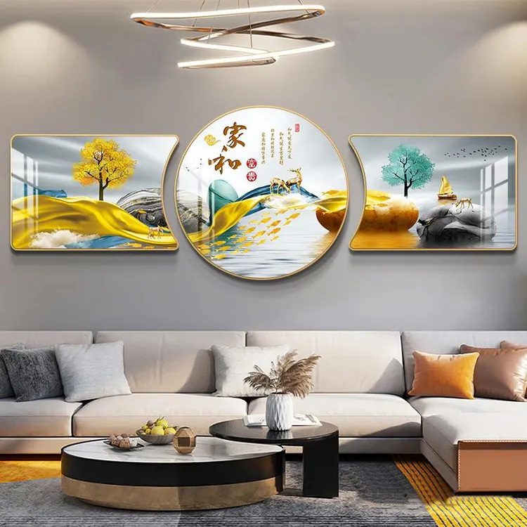 客厅装饰画福禄双全壁画现代轻奢大气三联画新中式沙发背景墙挂画