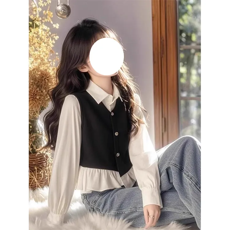 超好看撞色拼接假两件衬衫女2025春季新款设计感甜美减龄洋气衬衣