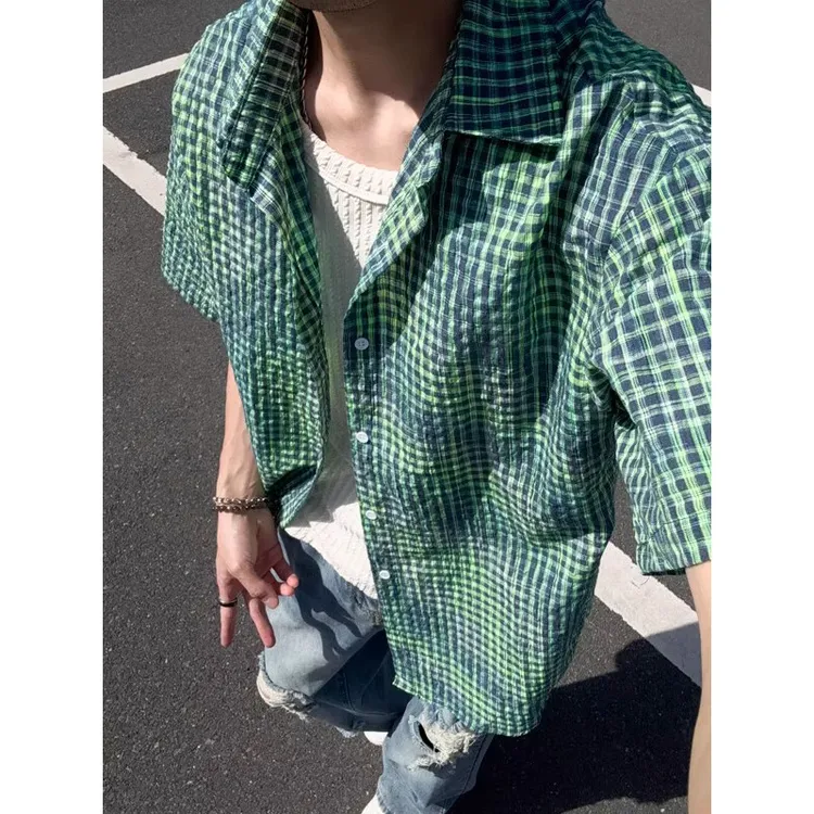 美式高街绿色泡泡纱短袖衬衫男夏季薄款cleanfit格纹衬衣情侣半袖