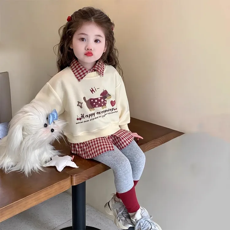 女童春秋款假两件套装2025新款儿童春季洋气女孩衬衫打底裤两件套