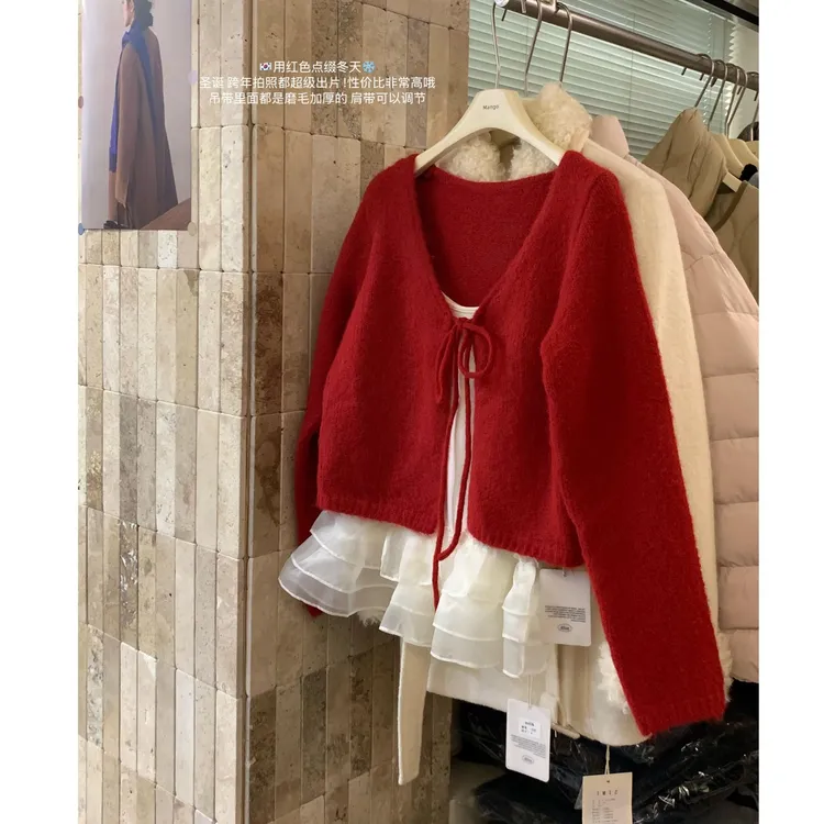 韩系chic红色系带长袖针织开衫女秋冬独特漂亮毛衣外套短款小上衣