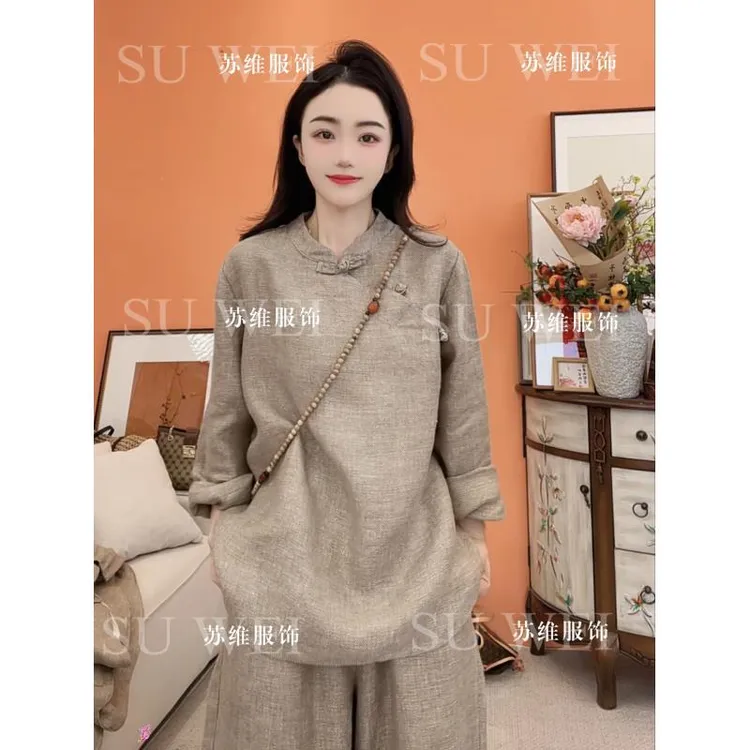 【小圆满】9020金丝亚麻新中式时尚气质百搭斜襟设计女装衬衫