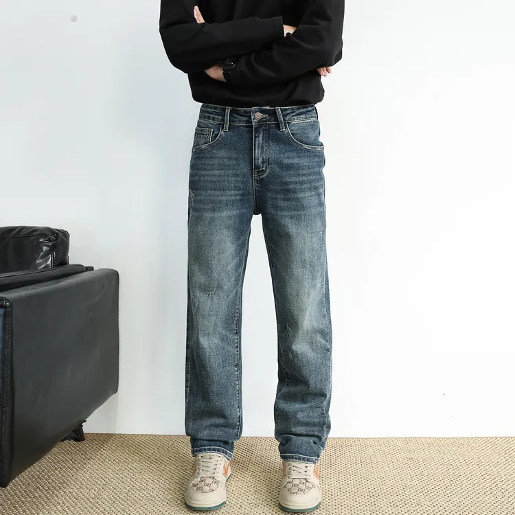 SYBBZ弹力宽松直筒牛仔裤水洗蓝色竹节纹复古猫须潮流百搭长裤男