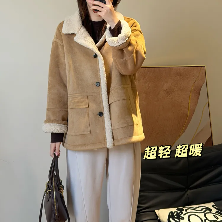 NANA【拿铁外套】冬季复古美拉德棕翻领麂皮绒加厚外套保暖C0631