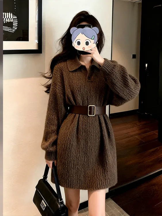 棕色翻领针织连衣裙2025秋冬新款复古气质a字毛衣裙时尚显瘦穿搭