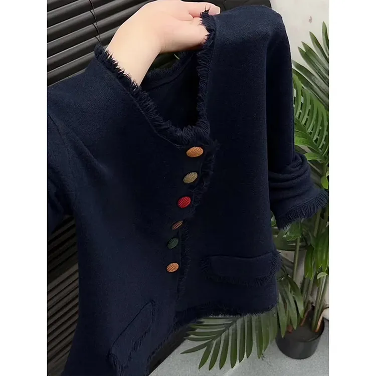 藏蓝色长袖毛边圆领针织开衫女大码秋冬胖MM简约休闲时尚百搭上衣