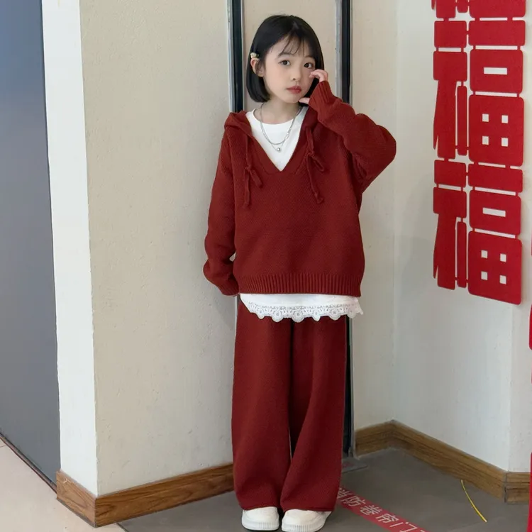 韩系新款慵懒风套装女童宽松连帽针织衫气质穿搭垂感阔腿裤两件套