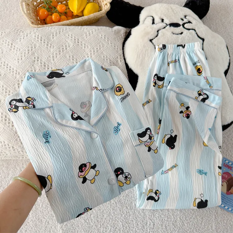 『pingu企鹅』卡通皱布睡衣女款春秋长袖休闲家居服套装实拍批发