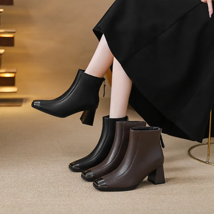 【专柜】真皮爆款方头粗跟7cm金属气质高跟短靴女款侧拉链女高跟鞋