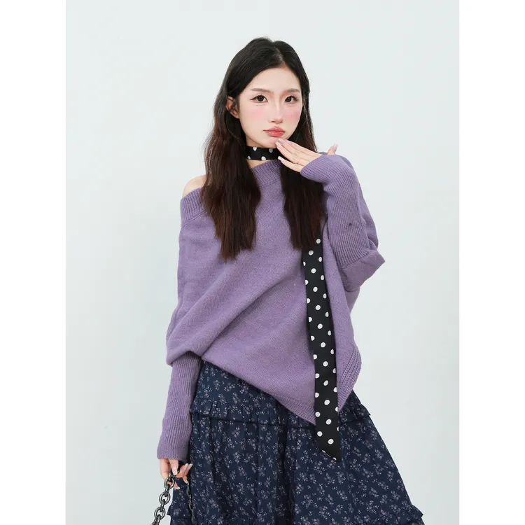 ZEENI 韩系穿搭一整套一字肩紫色针织毛衣碎花半身裙巨好看两件套
