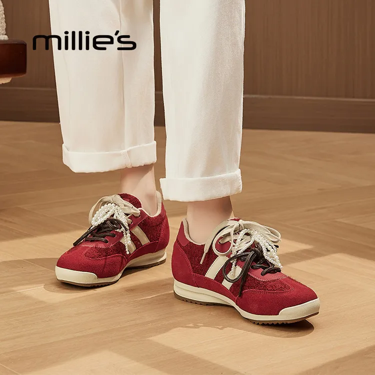妙丽真皮爆款复古红加绒德训鞋女鞋2025冬季新款保暖通勤休闲鞋女