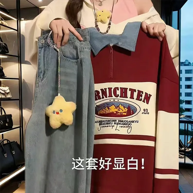 学院风拼色polo领半拉链加绒卫衣女大码韩版宽松慵懒韩系秋冬上衣