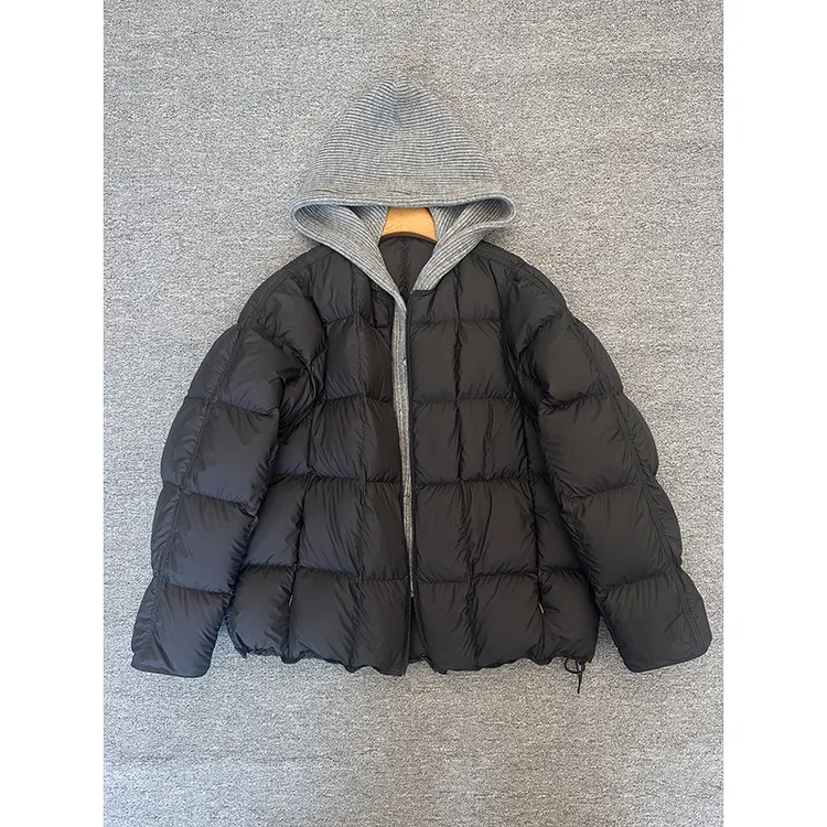 欧货2025冬季新款可拆针织帽高级设计感棉服假两件加厚保暖外套女