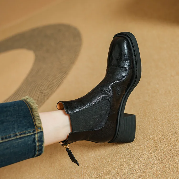 头层羊皮5.5cm～方头复古中跟短靴弹力厚底马丁靴粗跟秋冬女时装靴