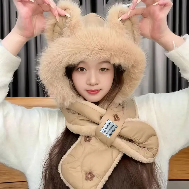 冬季新款时尚百搭可爱帽子围巾一体加绒加厚防风防寒保暖帽女