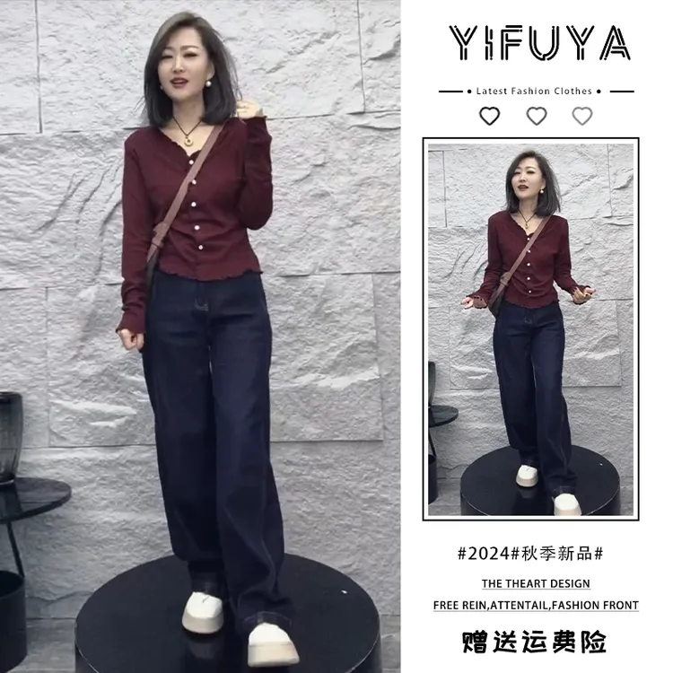 服饰春上新春装女款2025年新款七巧板穿搭红色毛衣牛仔裤减龄套装