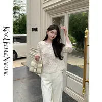 KUN【白兰蒂】精致代名词 蕾丝绒绒提花舒适真两件宽松秋季米色上衣