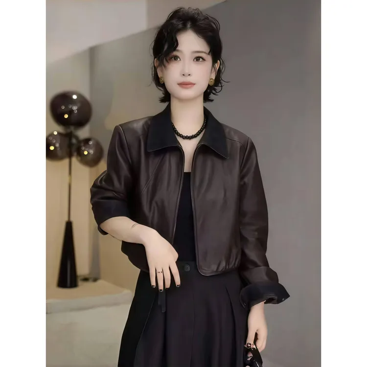 秋冬皮衣外套女2025新款时尚洋气高级感撞色百搭短款翻领夹克上衣