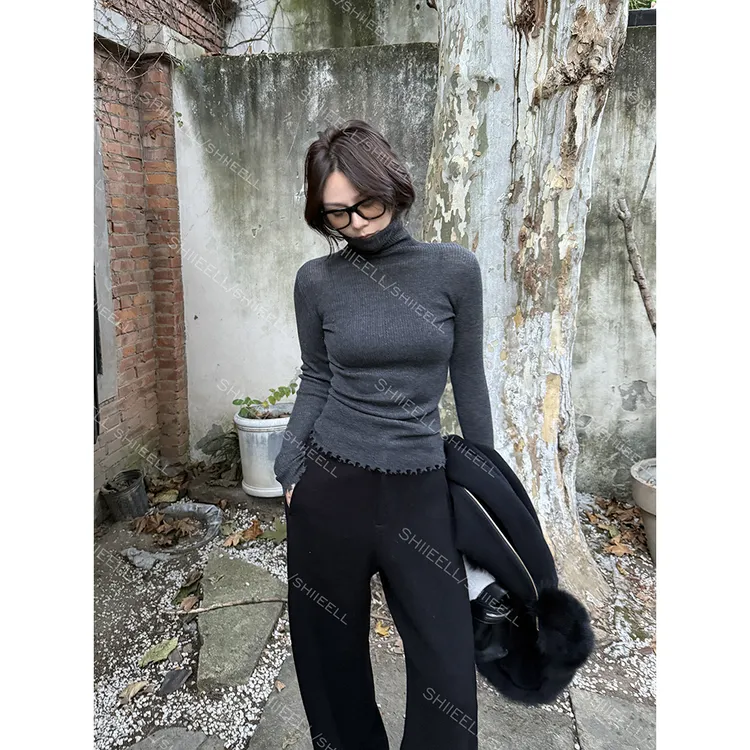 SHIIEELL【高领花边衫】羊毛抗起球高弹花边高领针织打底衫Z2975