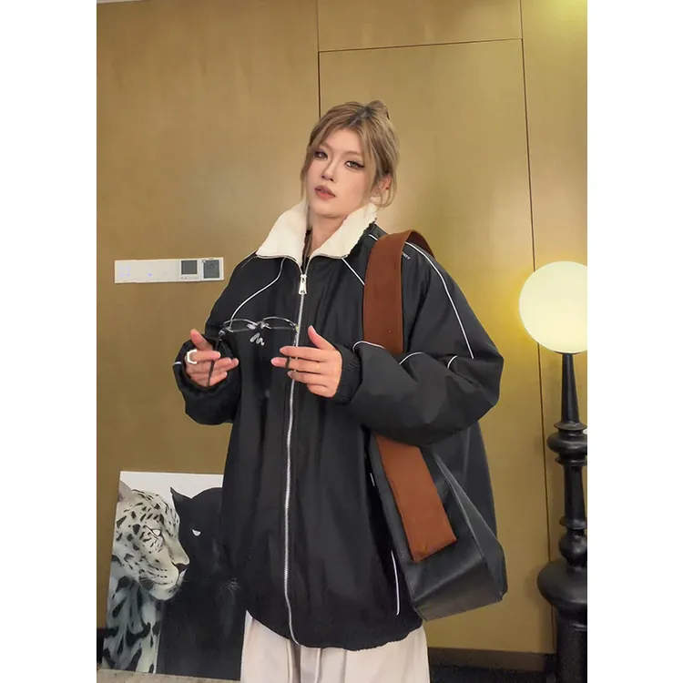 V37美式复古插肩袖立领夹克男女冬潮牌撞色情侣保暖棉服PU皮外套