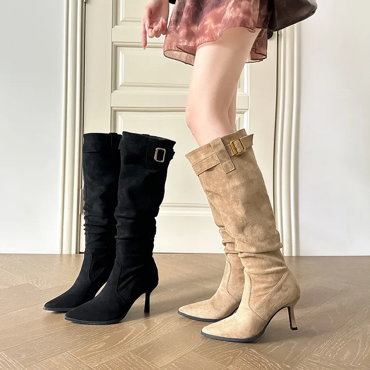 高跟靴女粗腿骑士靴秋冬胖mm长筒靴大筒围尖头堆堆靴小卡高跟筒靴