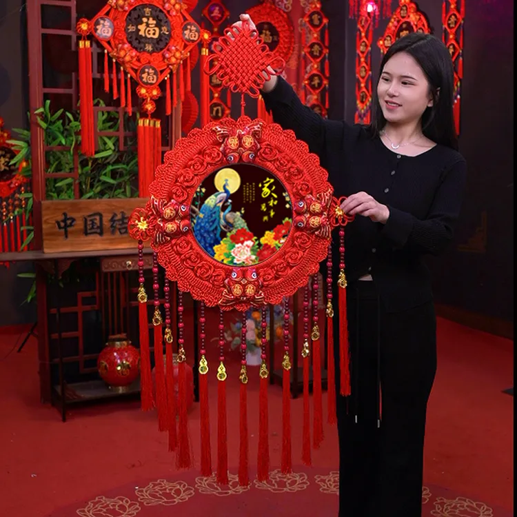 中国红H【孔雀双鹿】中国结挂件客厅玄关新年装饰福字背景墙 M38Y-C