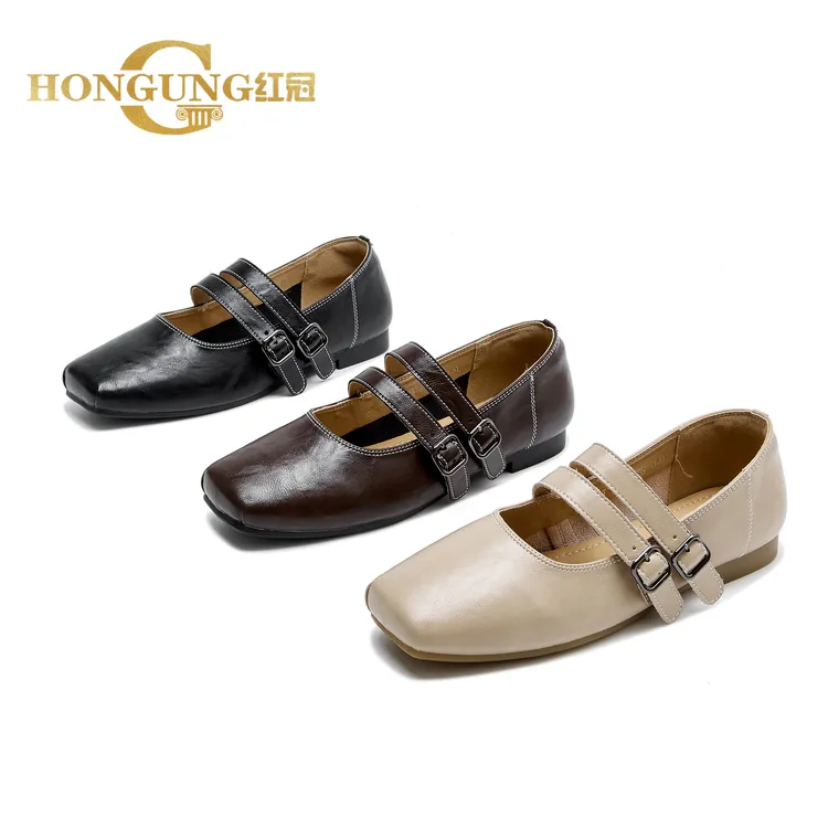 新品 | 红冠法式双扣带浅口单鞋一脚蹬平底舒适女鞋皮鞋2833