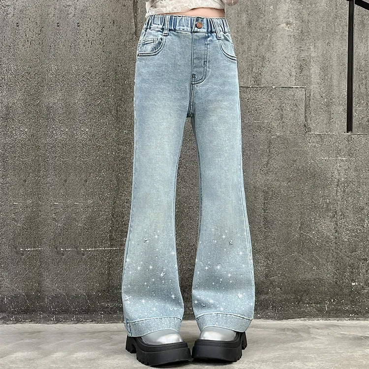 女童蝴蝶结烫钻微喇叭裤弹力百搭2025新款中大童高腰时尚裤子显瘦