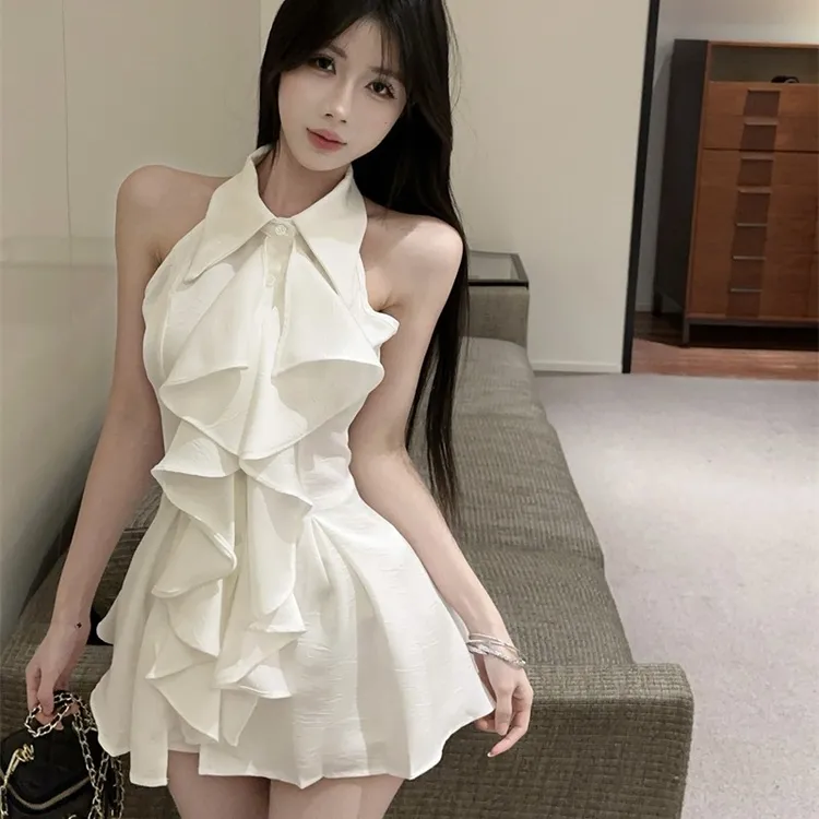 【妹宝彩虹糖专属】甜辣风挂脖性感连衣裙女法式无袖荷叶边衬衣短裙