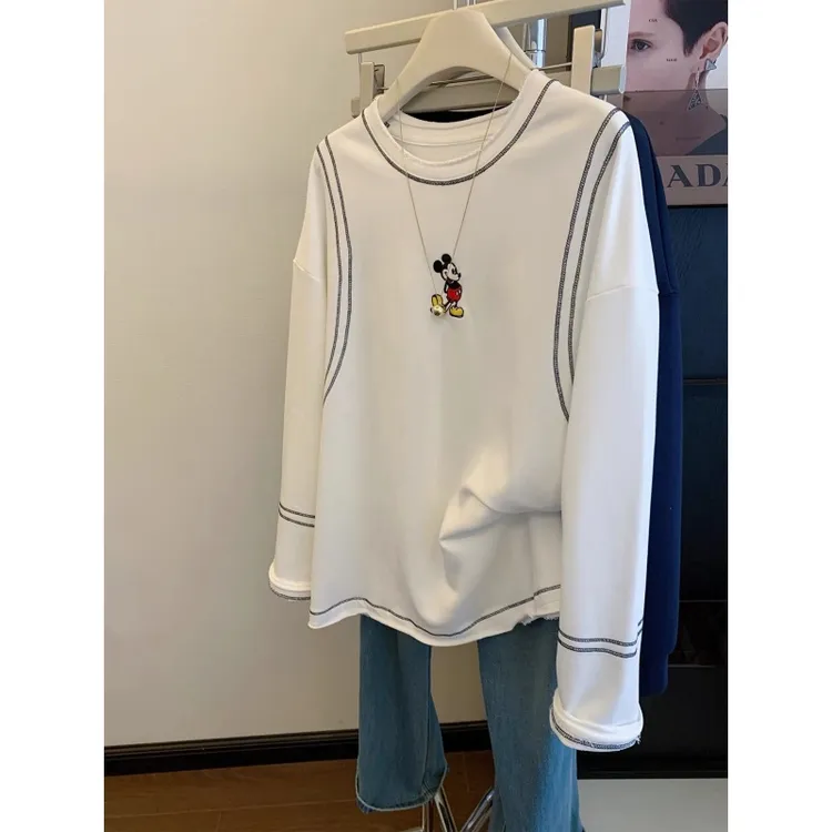 美式300斤大码i趣味卡通刺绣上衣秋季男女明线别致慵懒风长袖T恤