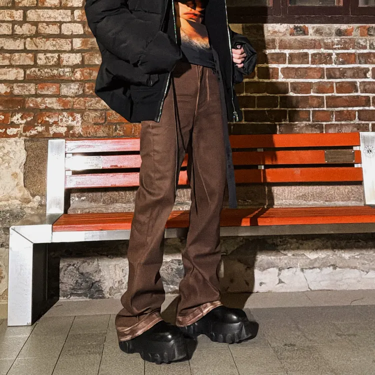 On Our Own棕色高腰蜡面牛仔裤 时尚微喇百搭色男女拉腿长咖啡