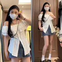 【8633桃】大码女装胖mm一字肩白色衬衫夏季纯欲风修身显瘦露肩上衣