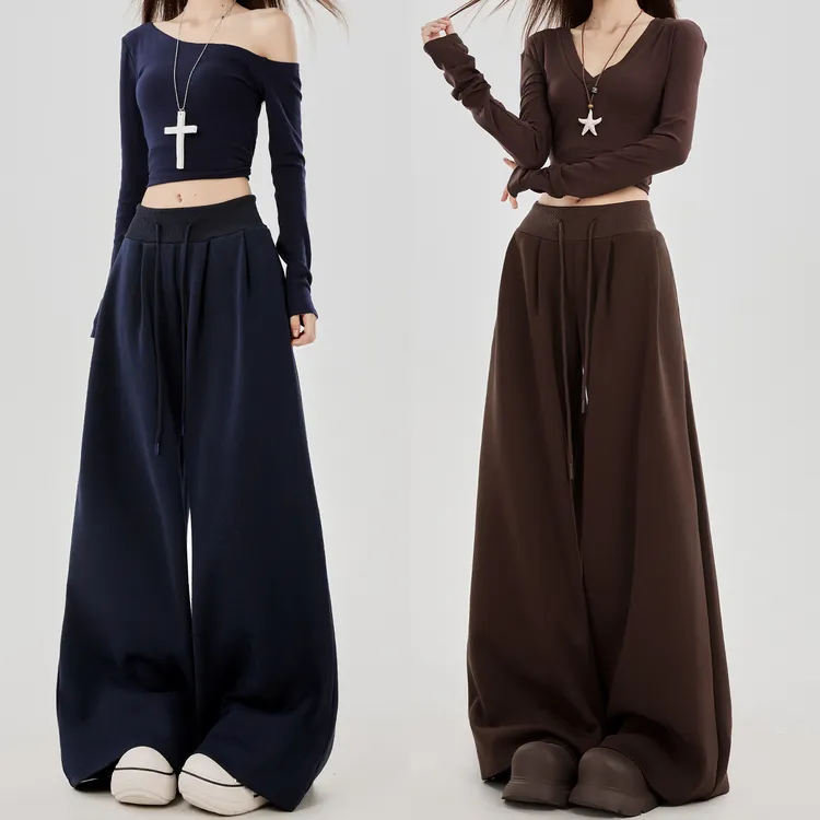 咖色低腰运动裤女秋季2025新款宽松垂感阔腿裤小个子休闲美式卫裤