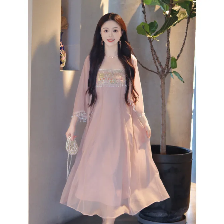 瑶西【云裳】粉色吊带裙长裙浪漫海边度假新中式汉服连衣裙两件套