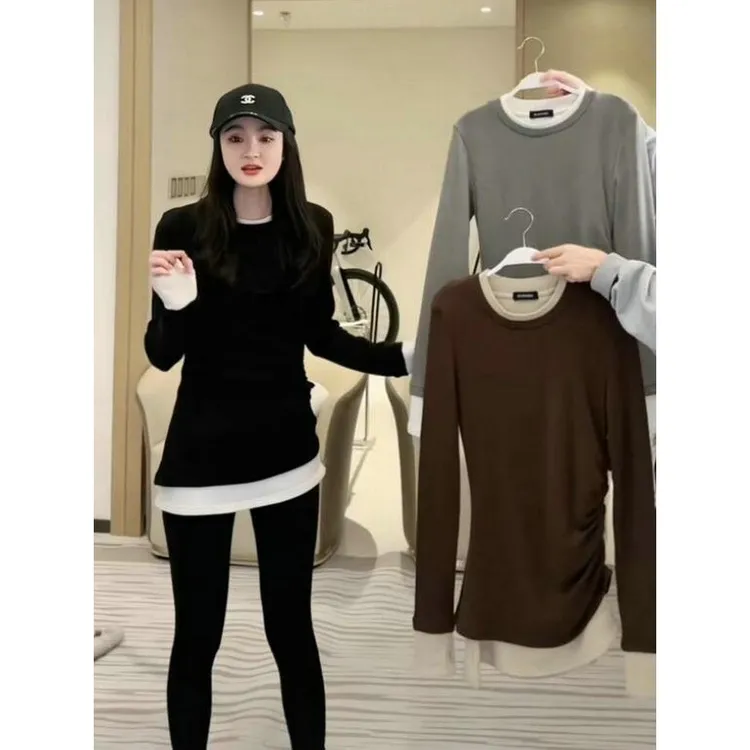 秋冬拼接磨毛内搭收腰假两件中长款长袖打底衫女韩系遮臀褶皱上衣