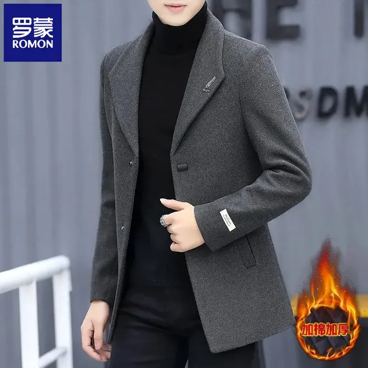 罗蒙秋冬季男士短款风衣羊毛呢子外套男加厚西装韩版成熟稳重大衣