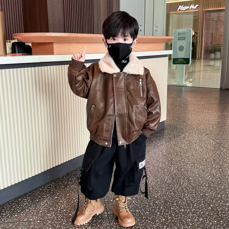 男童加绒皮衣外套秋冬装2025新款帅气男孩宝宝儿童冬装加厚皮夹克