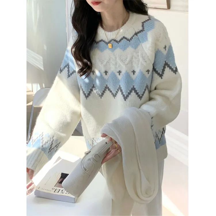 费尔岛复古提花撞色菱格毛衣秋冬女新款慵懒风设计感宽松软糯上衣