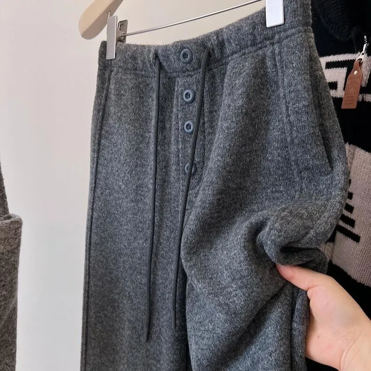 灰色毛线 线感慵懒风加绒加厚直筒休闲 厚棉裤新款女秋冬时尚裤子