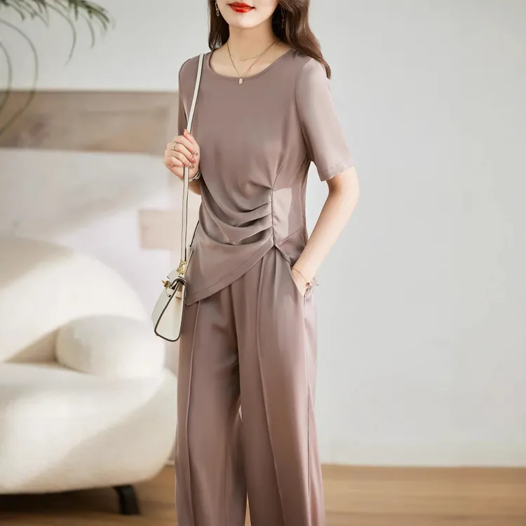 大码女士套装夏季丝滑清凉垂感阔腿裤气质胖mm缎面遮肚上衣两件套